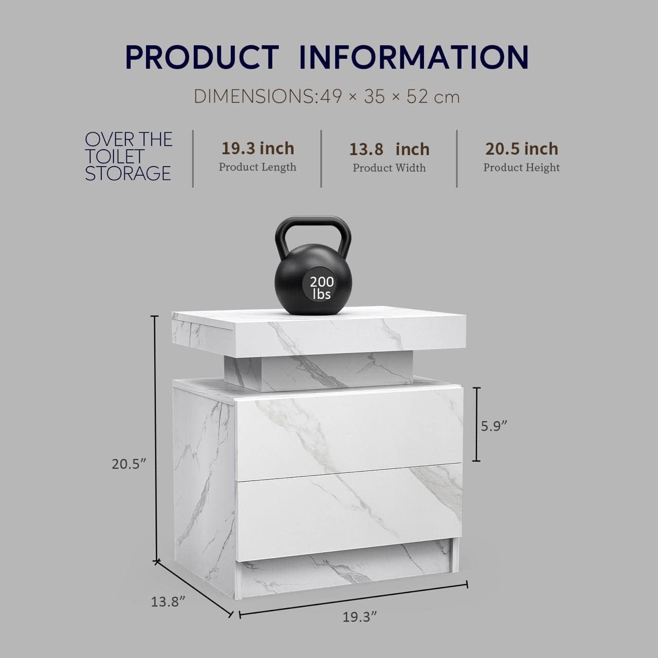 White marble effect over the toilet storage unit with drawers