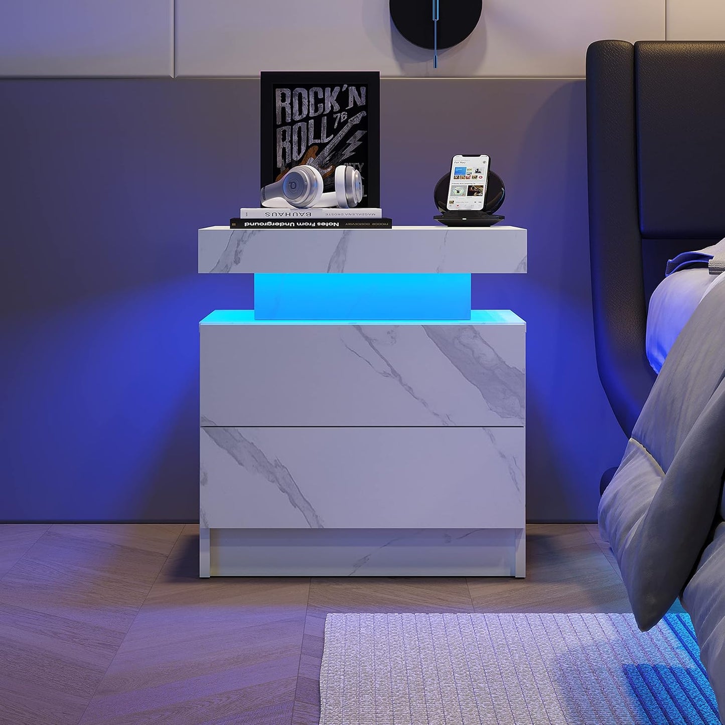 Modern white marble nightstand with blue LED lighting