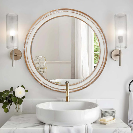 Round distressed white wood mirror with brass faucet