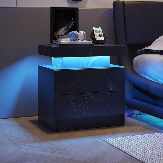 Black marble bedside table with blue LED lighting