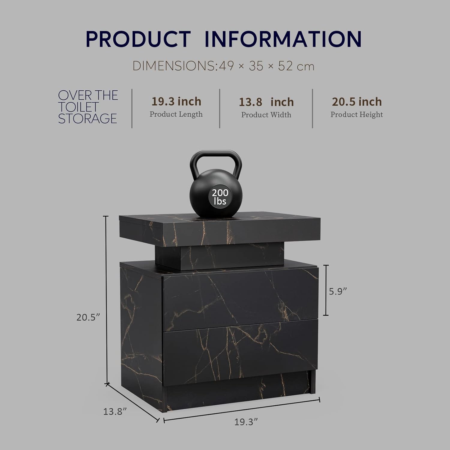 Black marble over the toilet storage unit