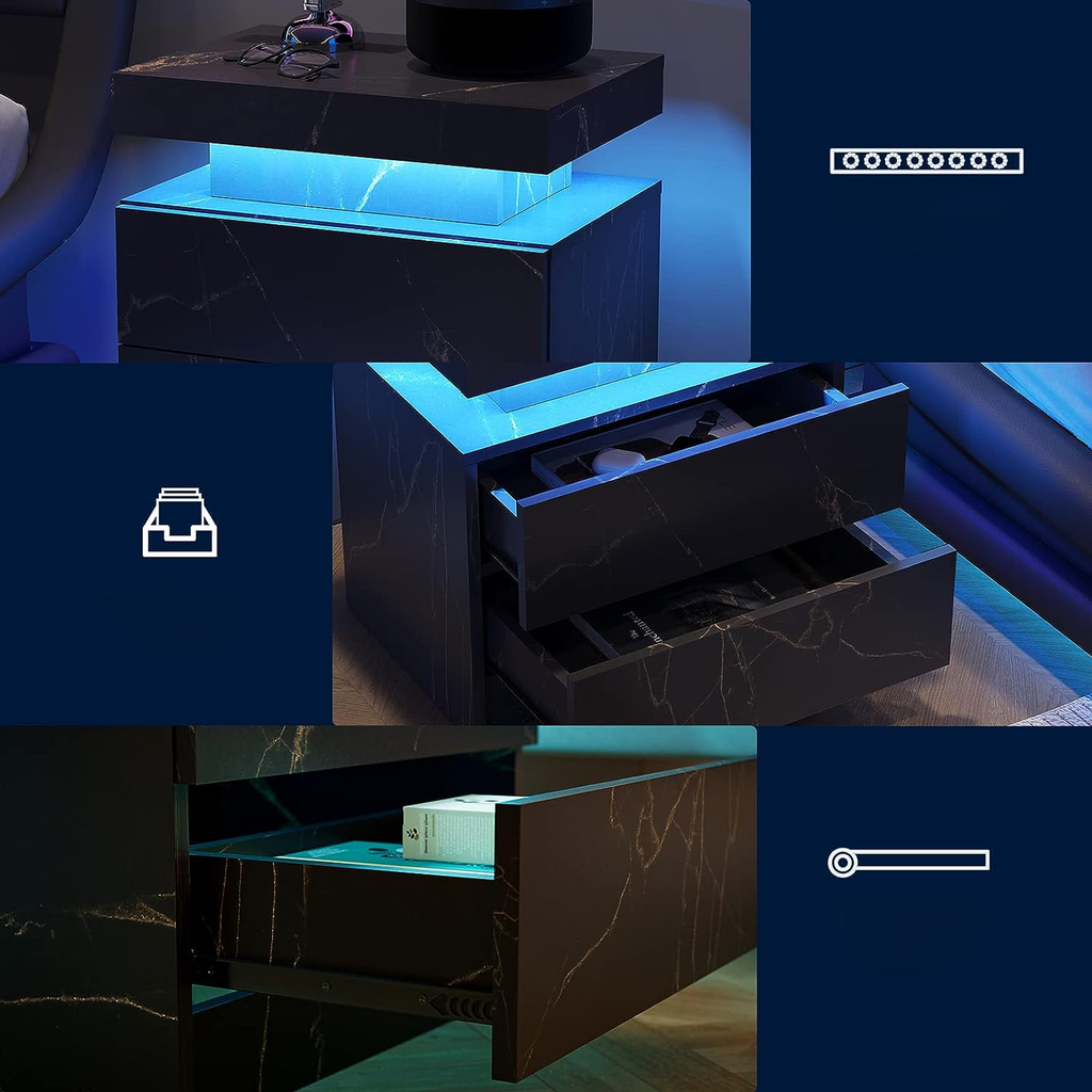 Black marble nightstand with blue LED accent lighting