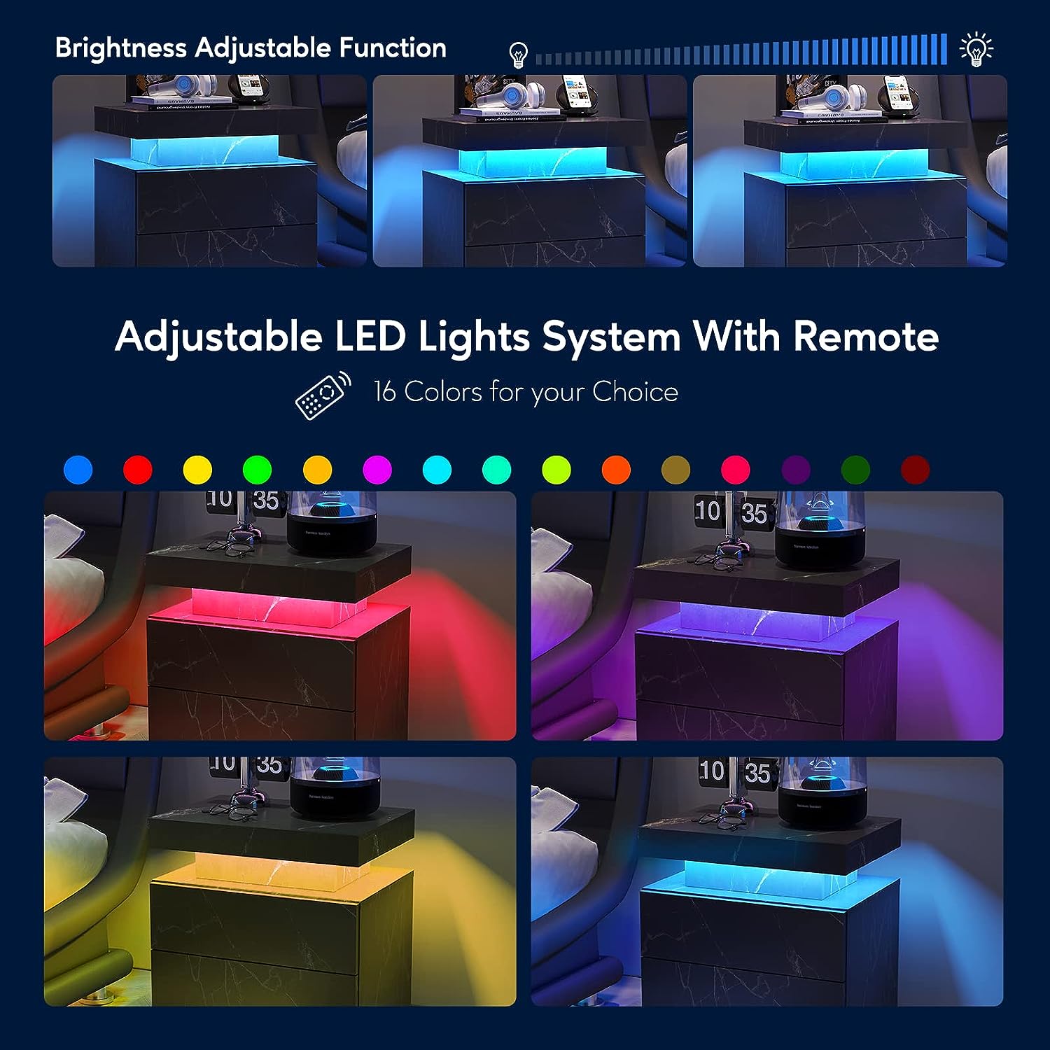 Modern nightstand with blue LED ambient lighting