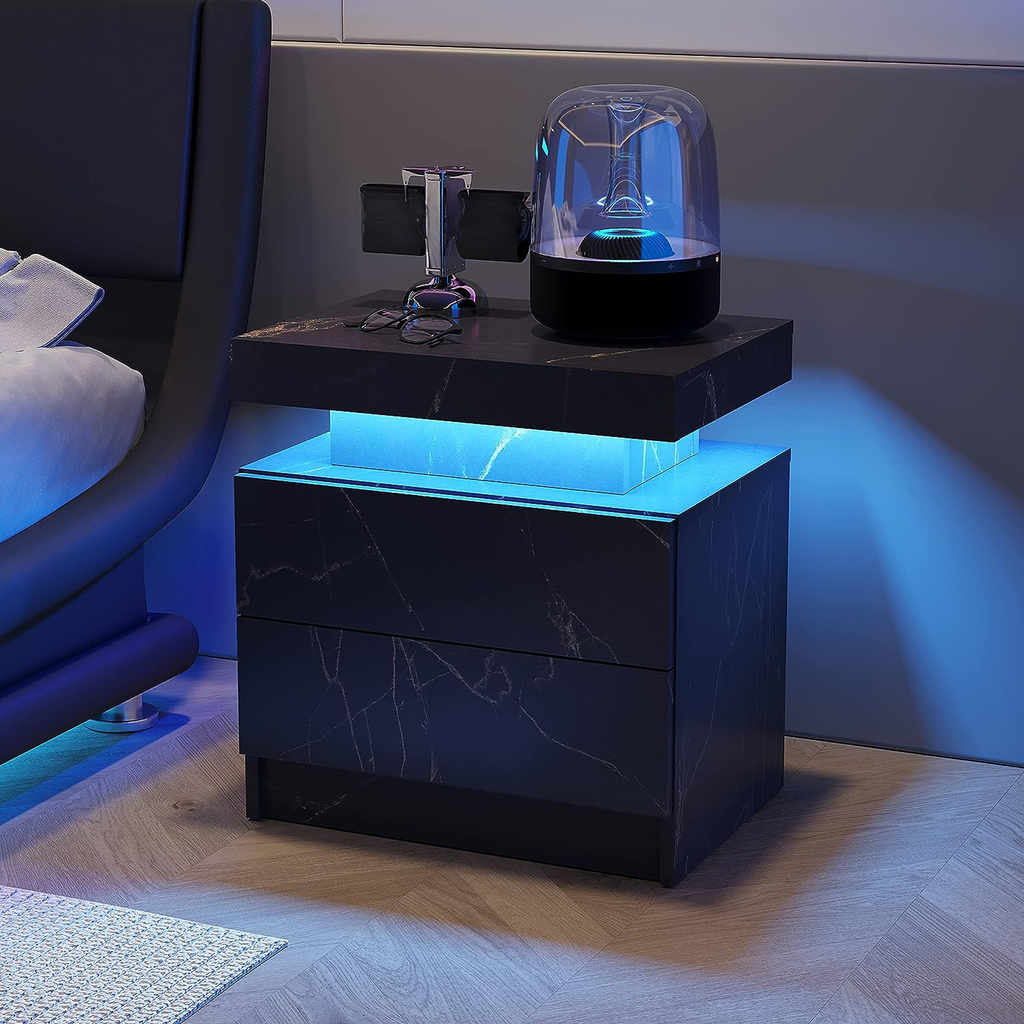 Black marble nightstand with blue LED lighting
