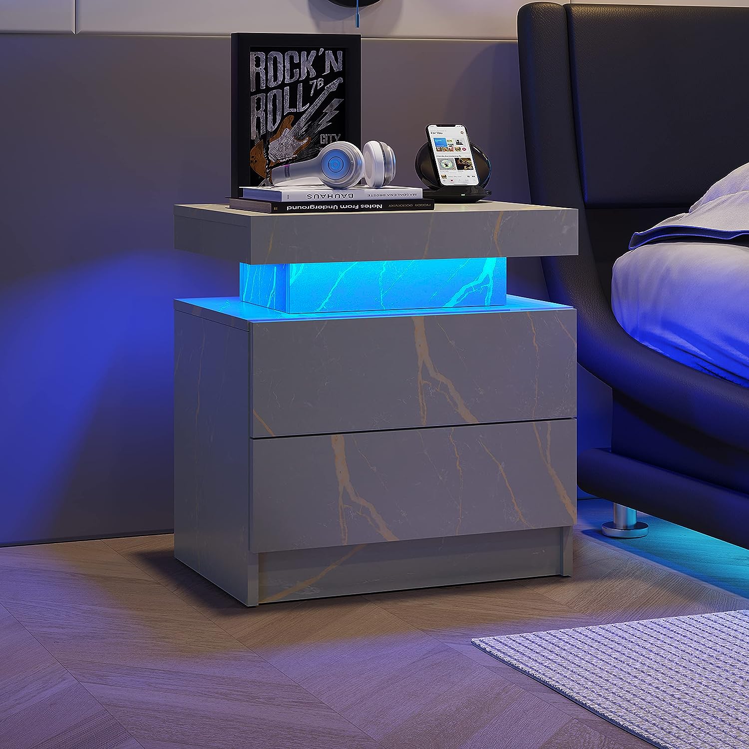 Gray marble nightstand with blue LED light