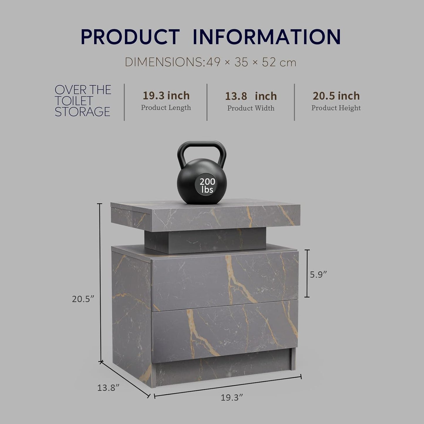 Gray marble over the toilet storage unit with three drawers and lb weight for scale