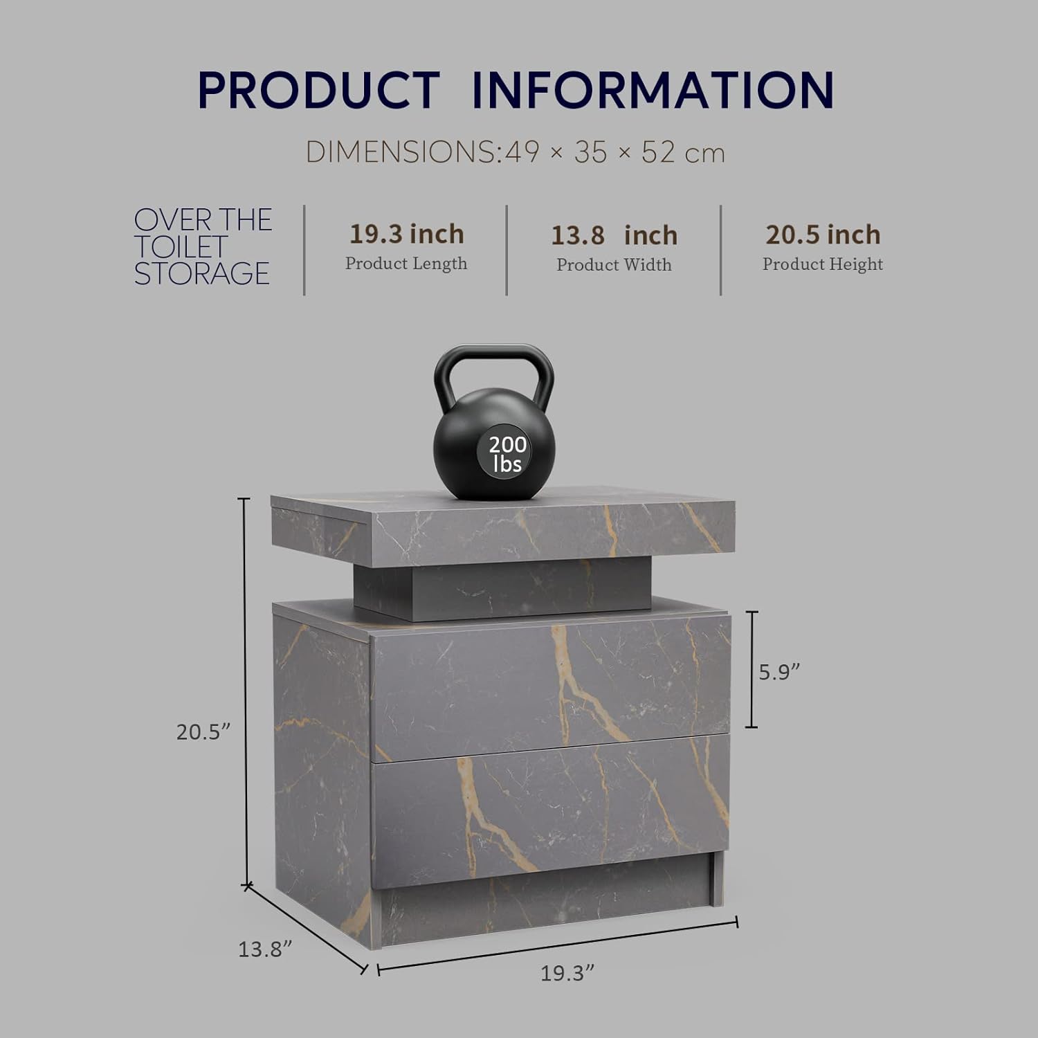 Gray marble over the toilet storage unit with three drawers and lb weight for scale