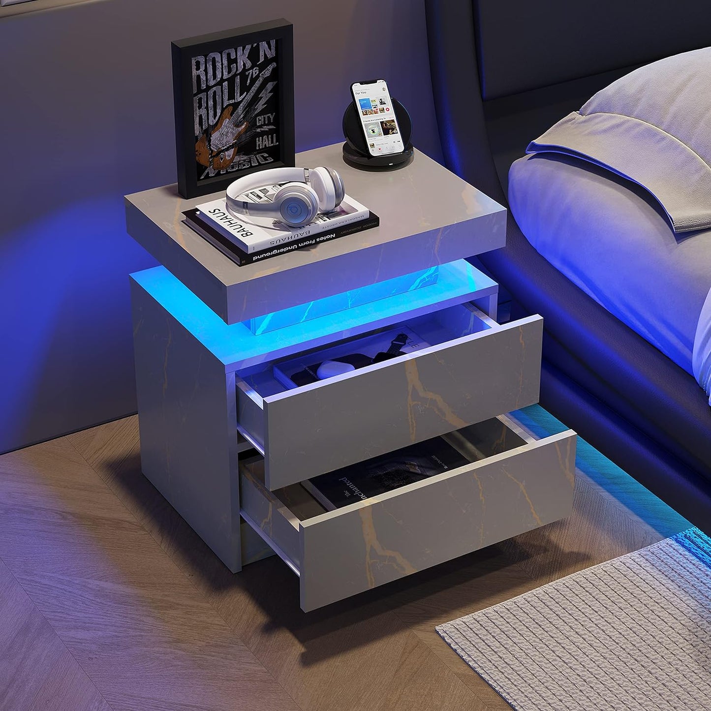 Grey marbleeffect nightstand with two drawers and blue LED lighting