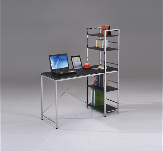 Black modern desk with chrome frame and integrated shelving unit