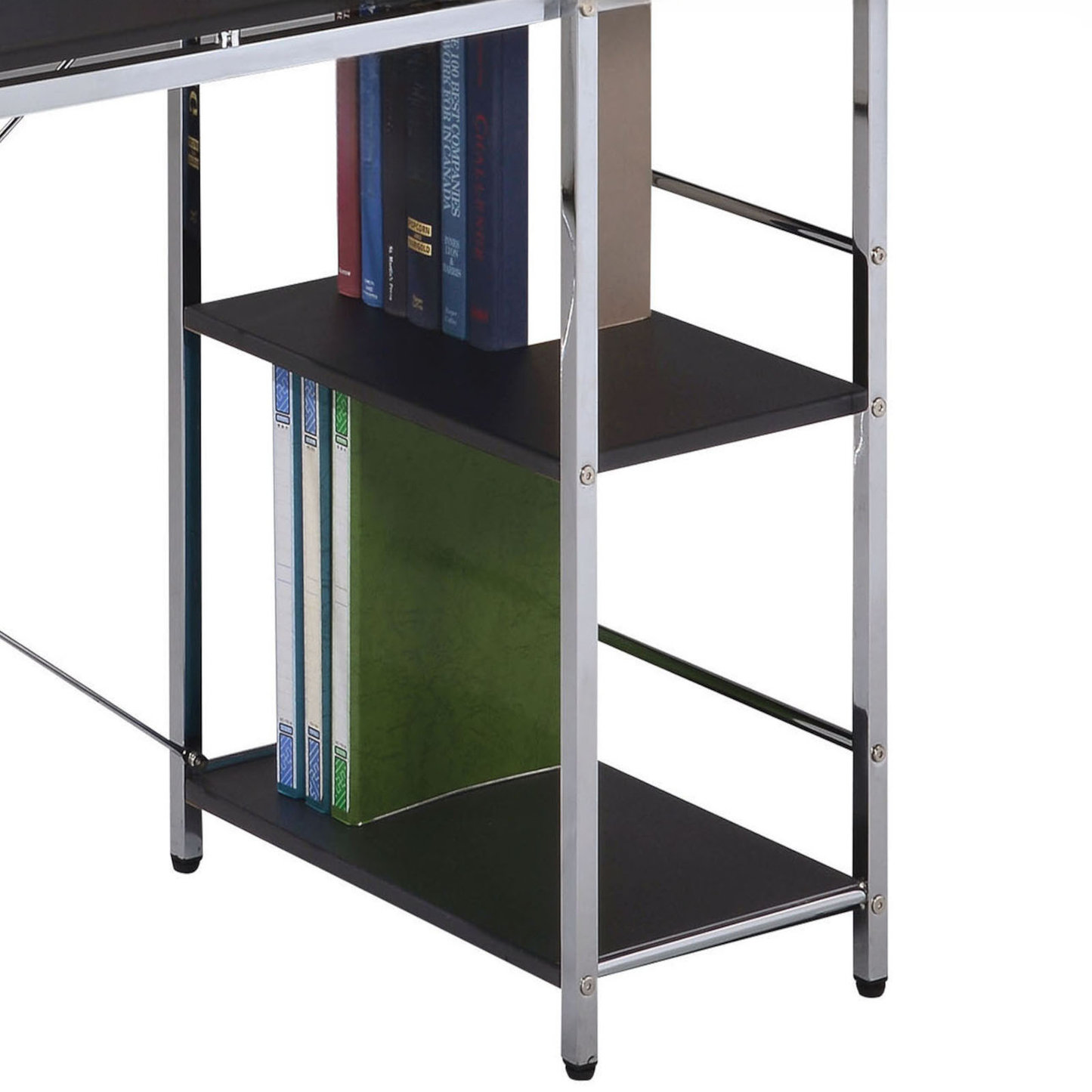 Black metal bookshelf with three shelves holding books and binders