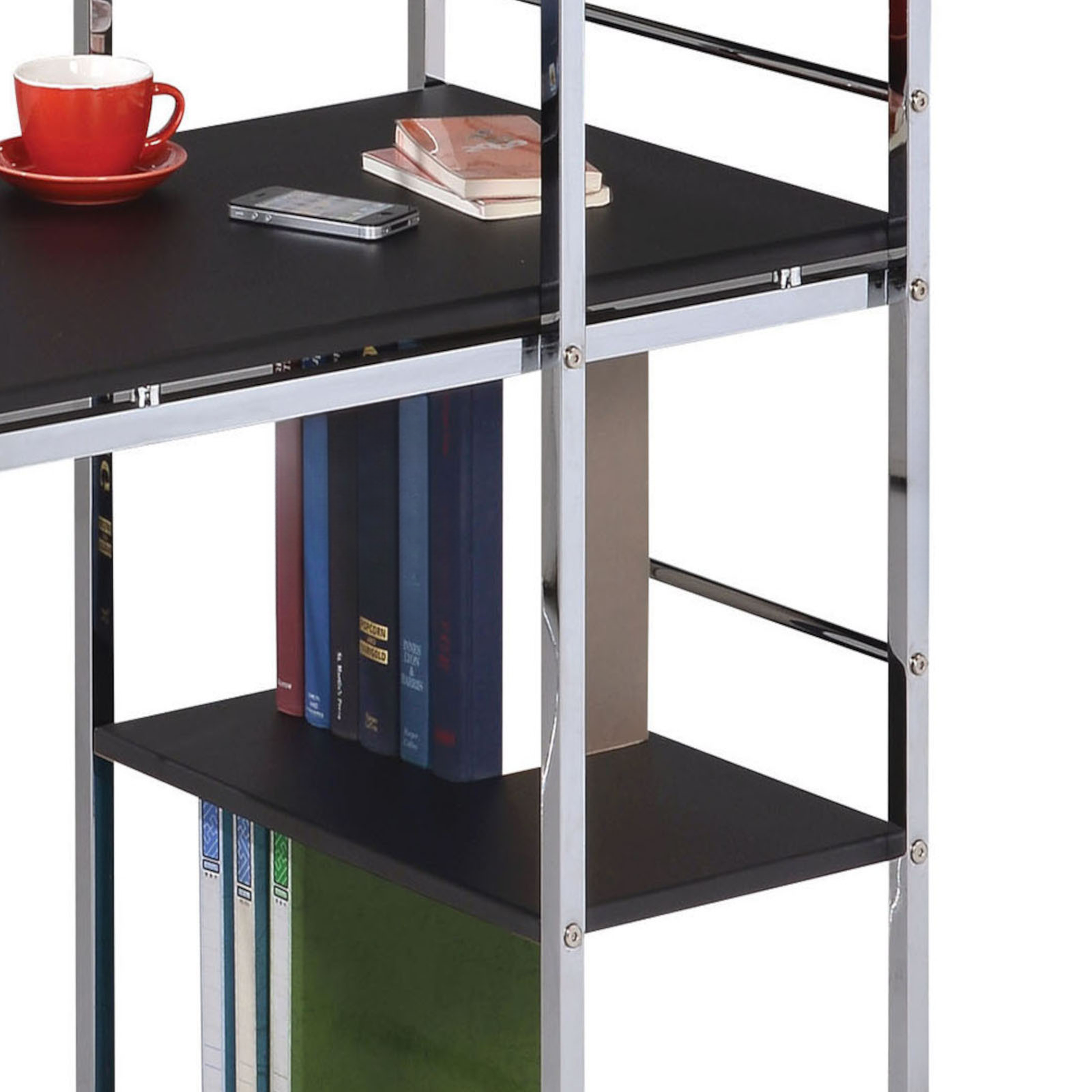 Black metal shelving unit with red mug and iPhone on top shelf