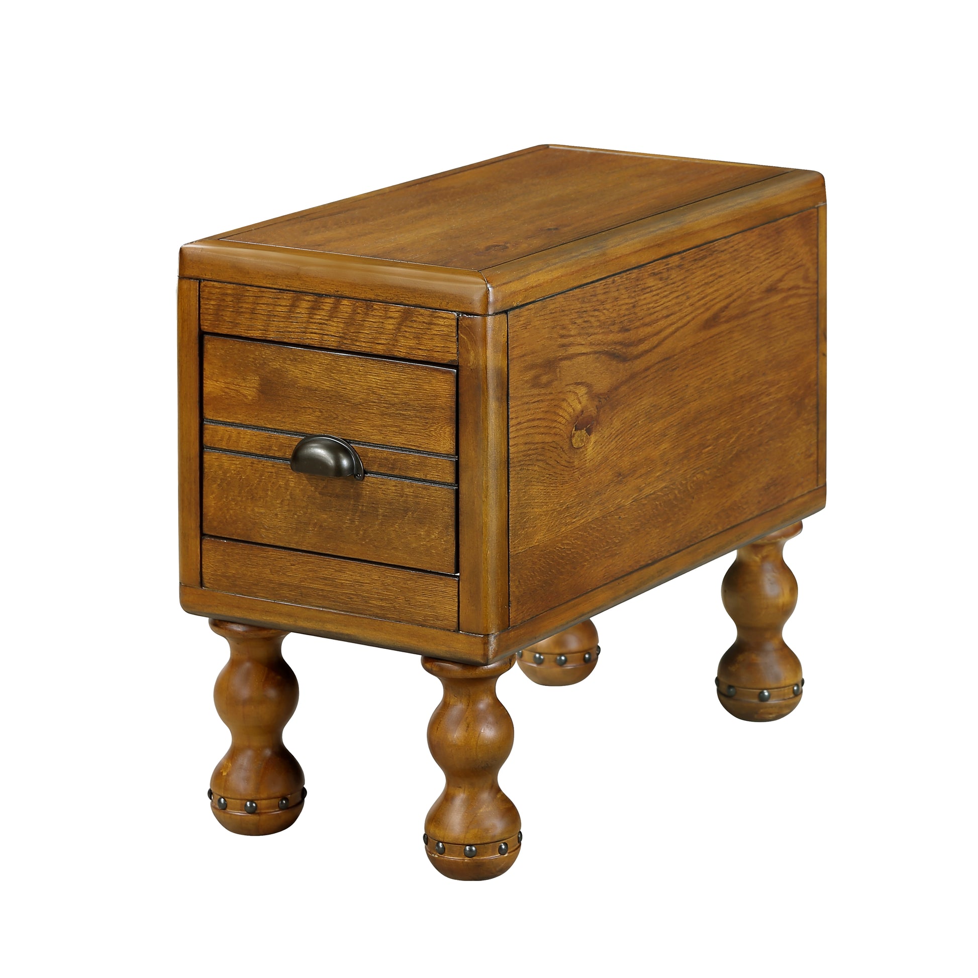 Brown wooden end table with turned legs