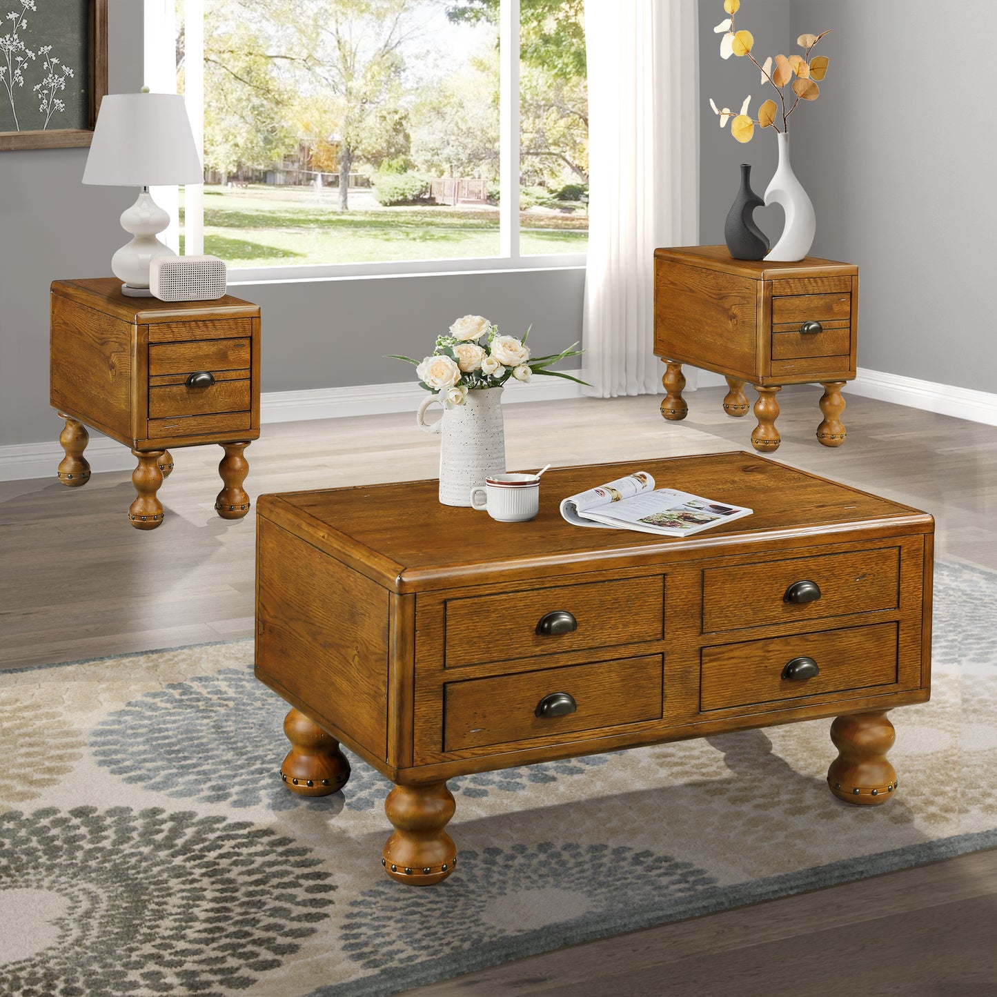 Rustic oak coffee table with four drawers and turned legs