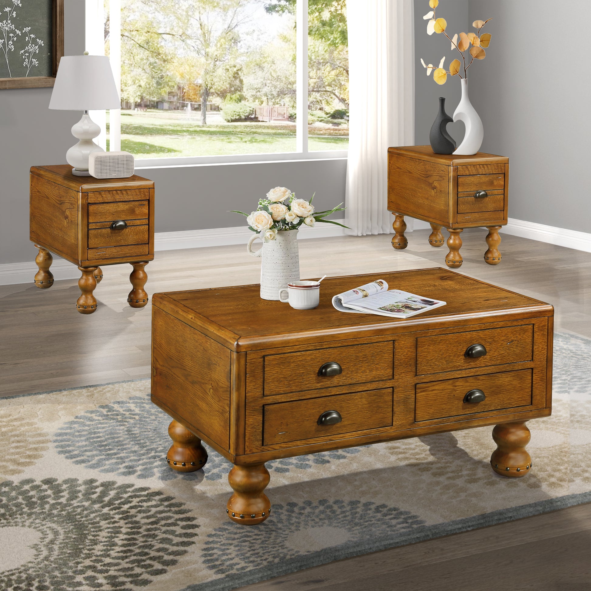 Rustic oak coffee table with four drawers and turned legs