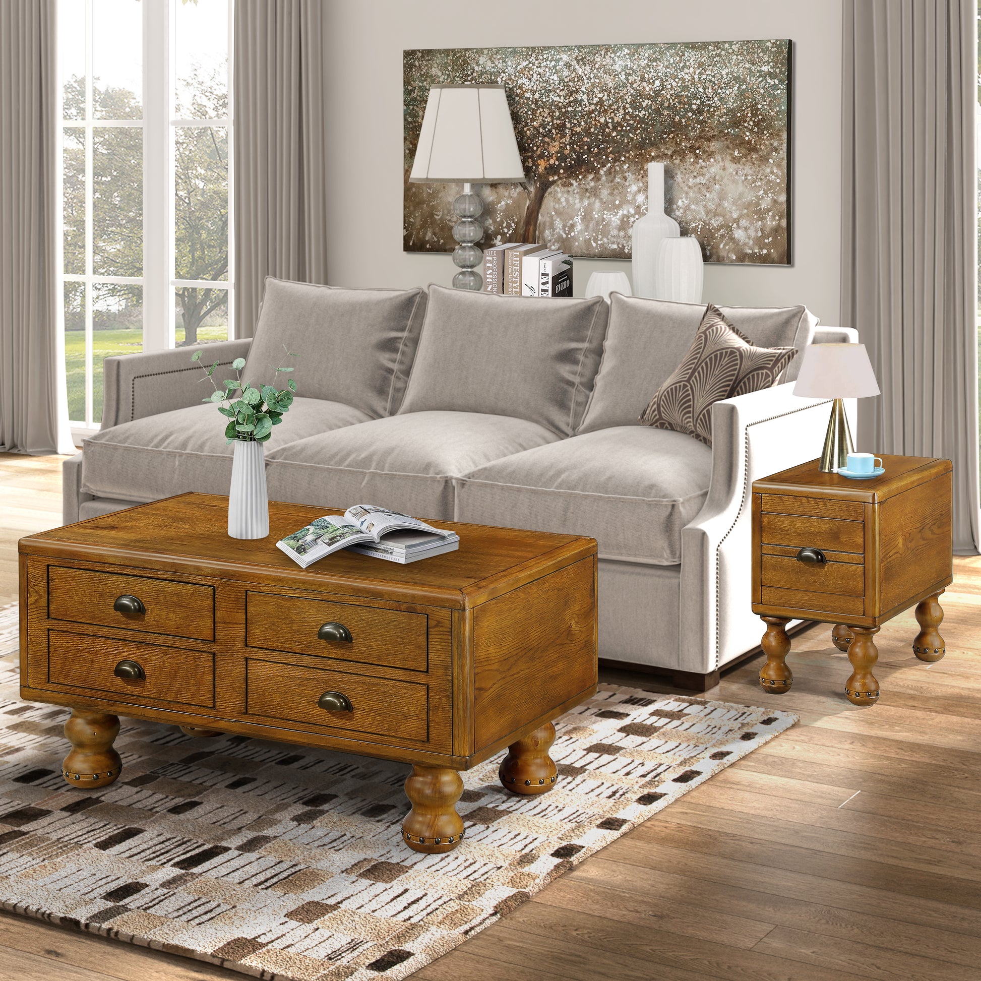 Vintage oak coffee table with four drawers and ball feet