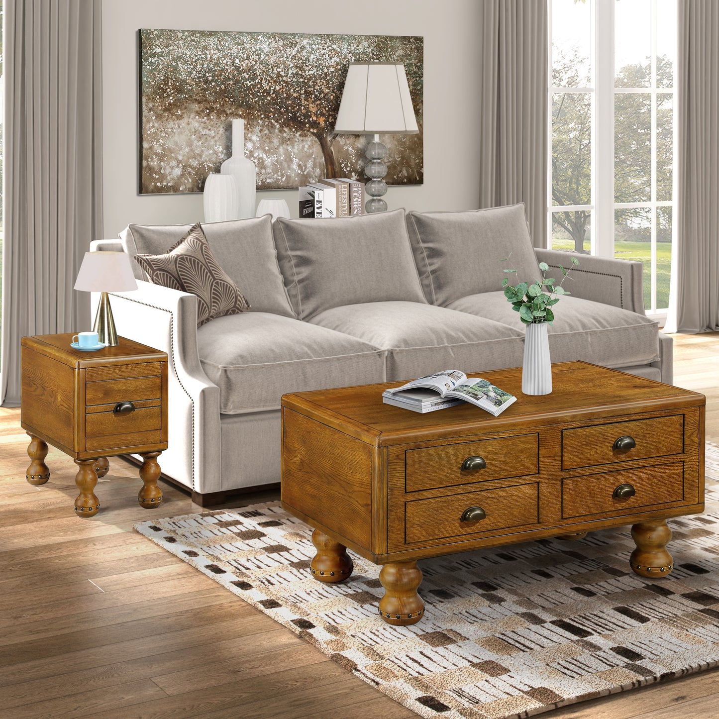 Rustic oak coffee table with four drawers and metal pulls