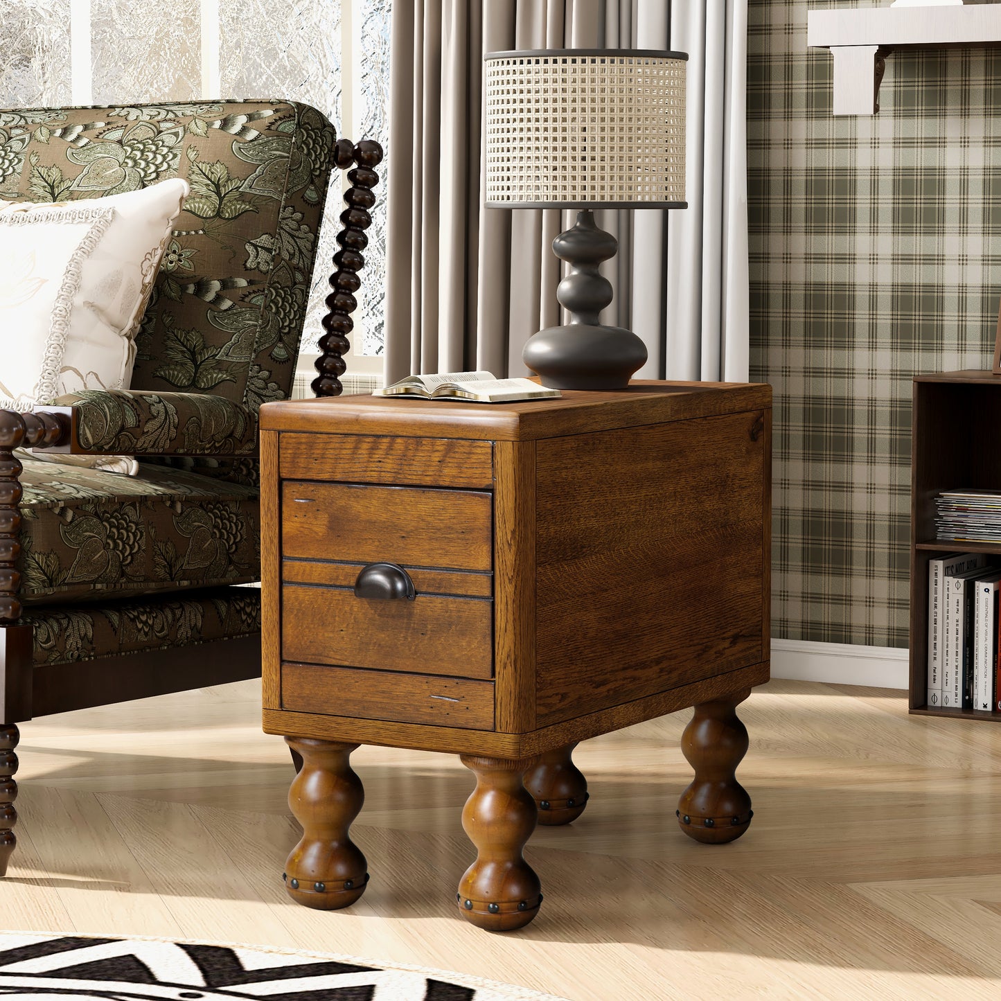 Rustic oak end table with two drawers and decorative turned legs