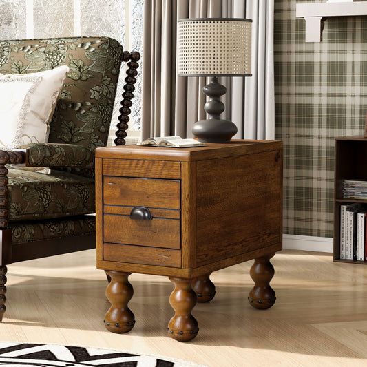 Rustic oak end table with two drawers and decorative turned legs