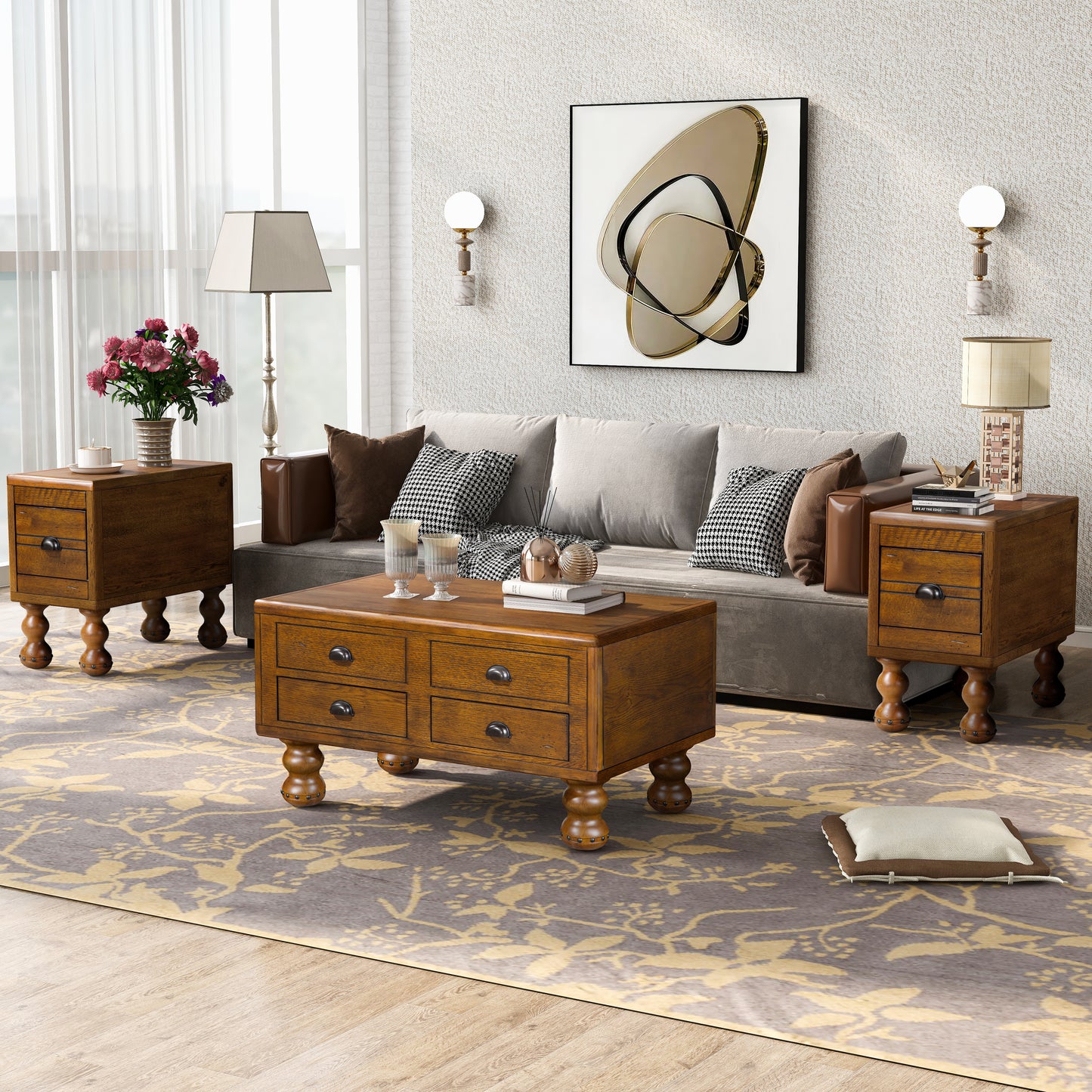 Solid oak coffee table with four drawers and turned legs