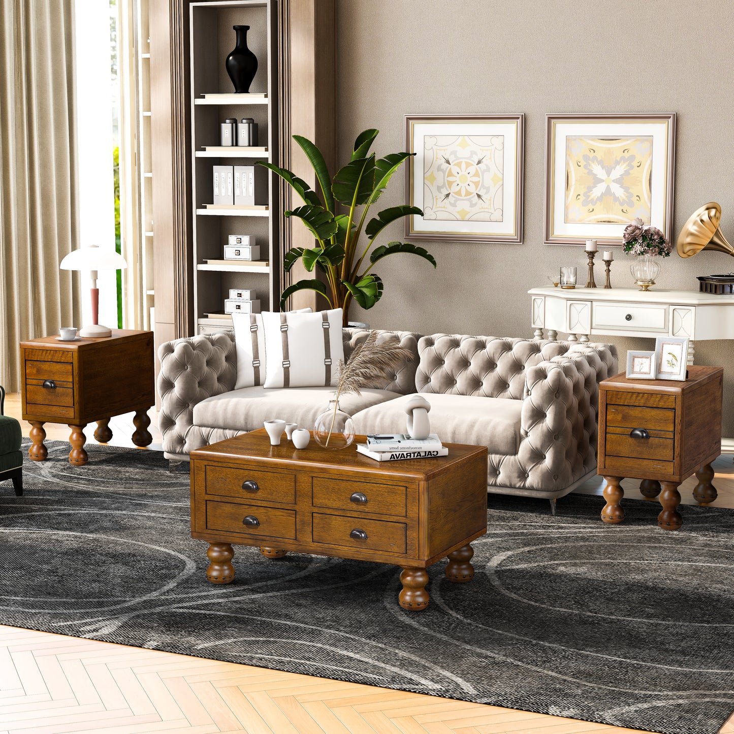 Antique oak coffee table with four drawers and ornate turned legs