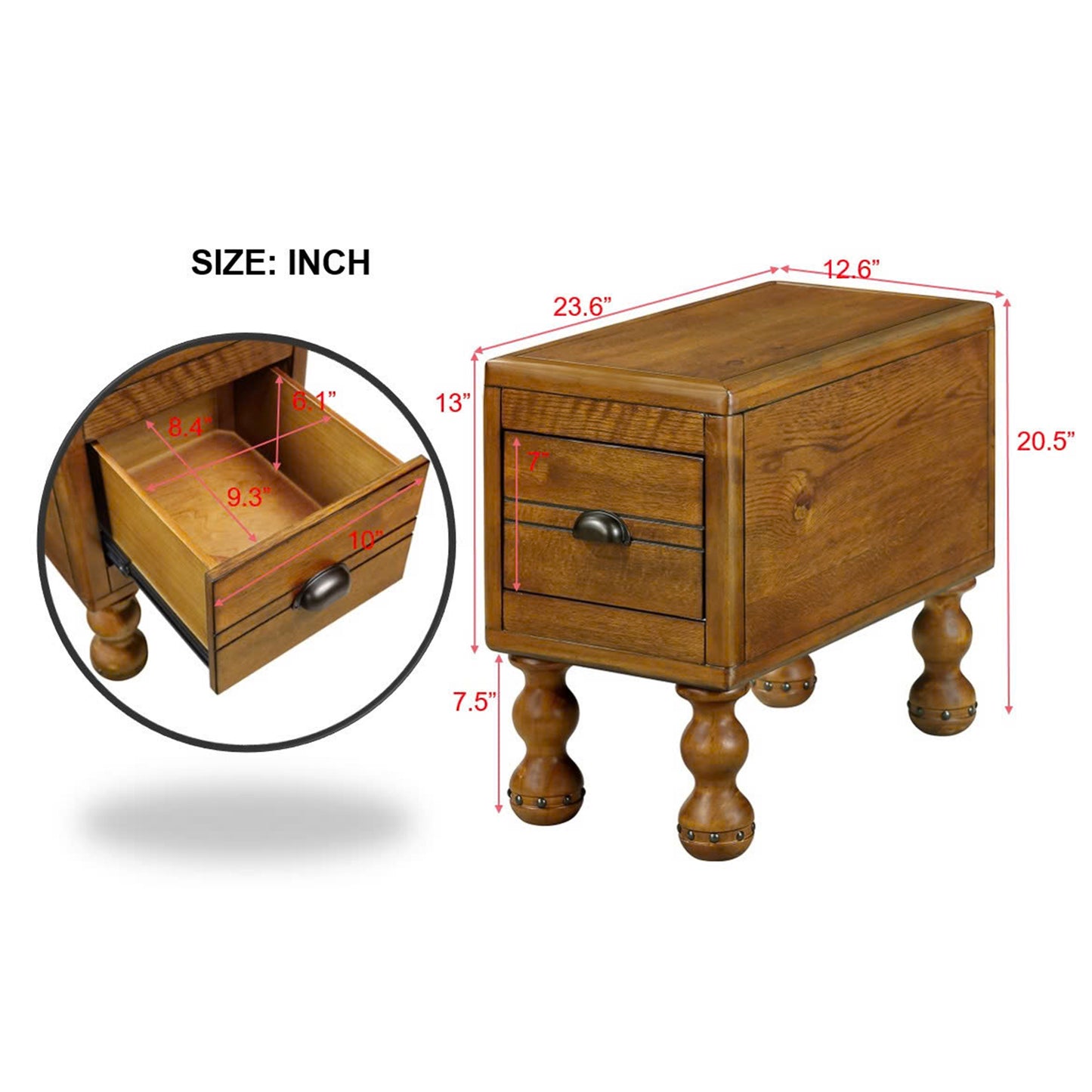 Antique brown wood nightstand with two drawers and ornate legs