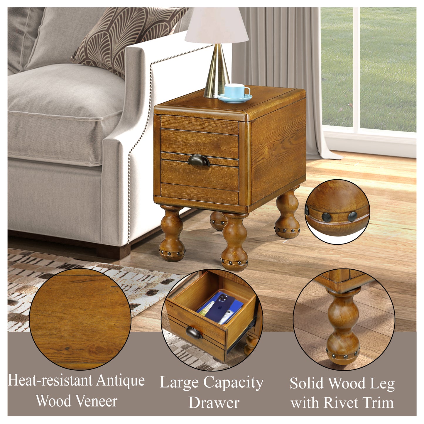 Antique wood veneer end table with two drawers