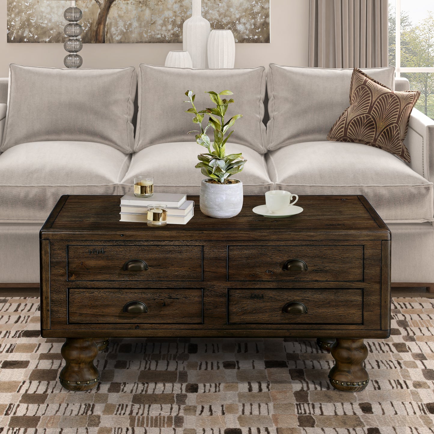 Rustic dark wood coffee table with four drawers and antique bronze hardware