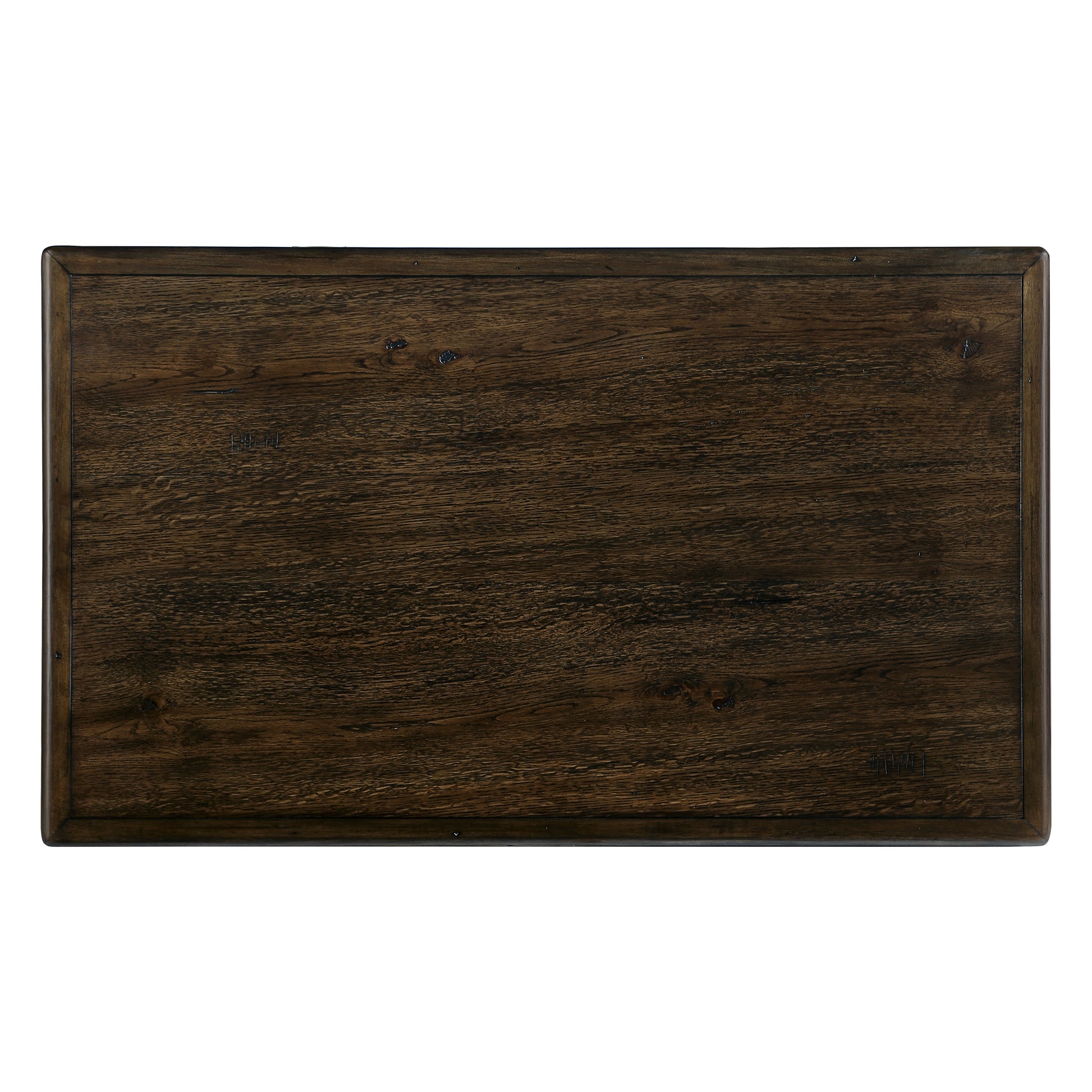 Dark stained oak wood table top with visible grain and knots