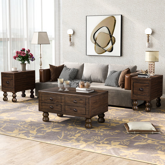 Dark wood accent table with carved legs and brass drawer pulls