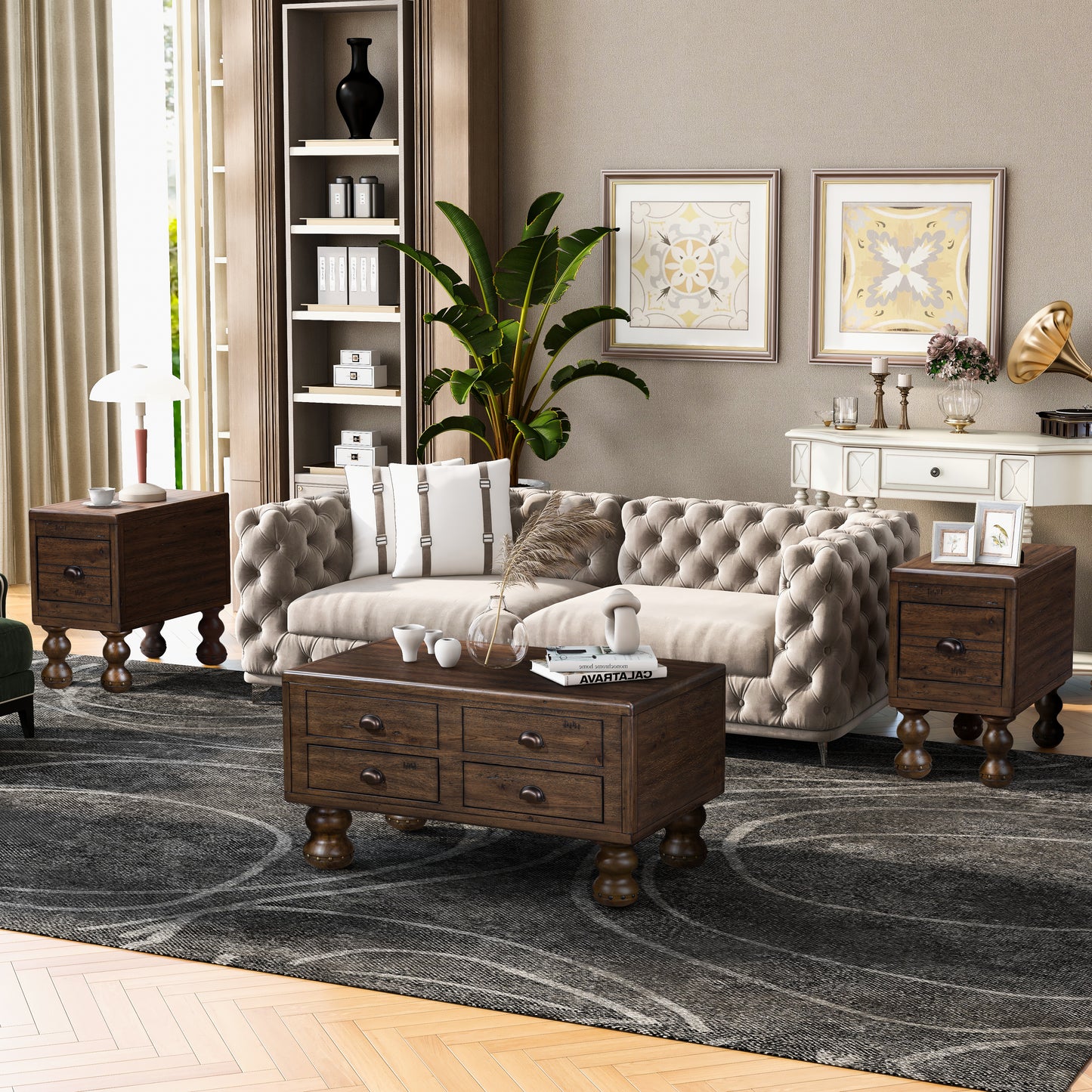 Tufted beige velvet sofa with decorative pillows