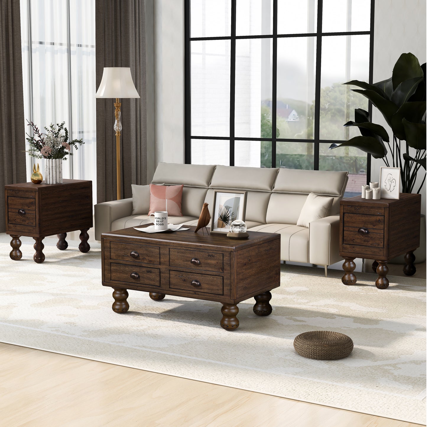 Dark wood coffee table with four drawers and ornate legs