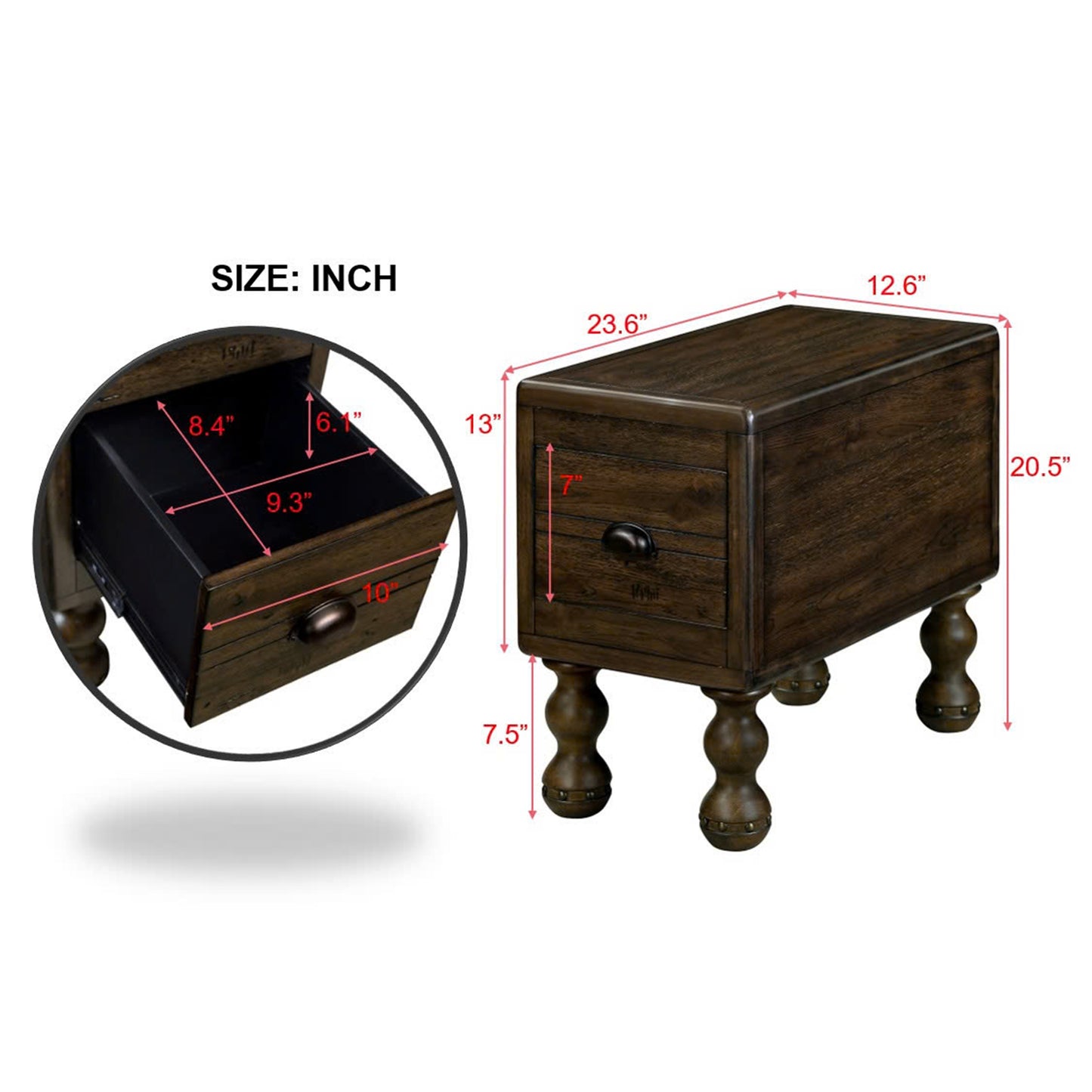 Dark brown wooden end table with one drawer and ornate legs