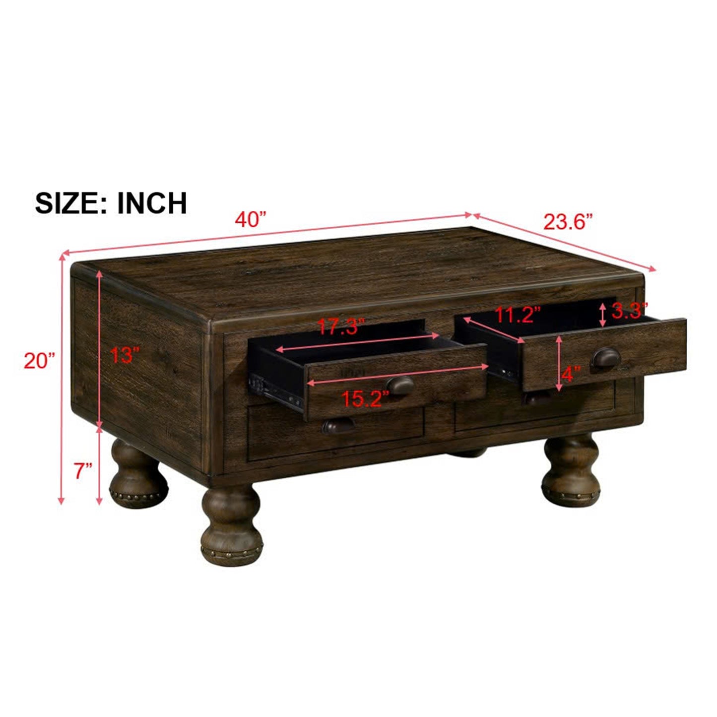 Dark wood coffee table with  drawers and decorative metal studs on legs