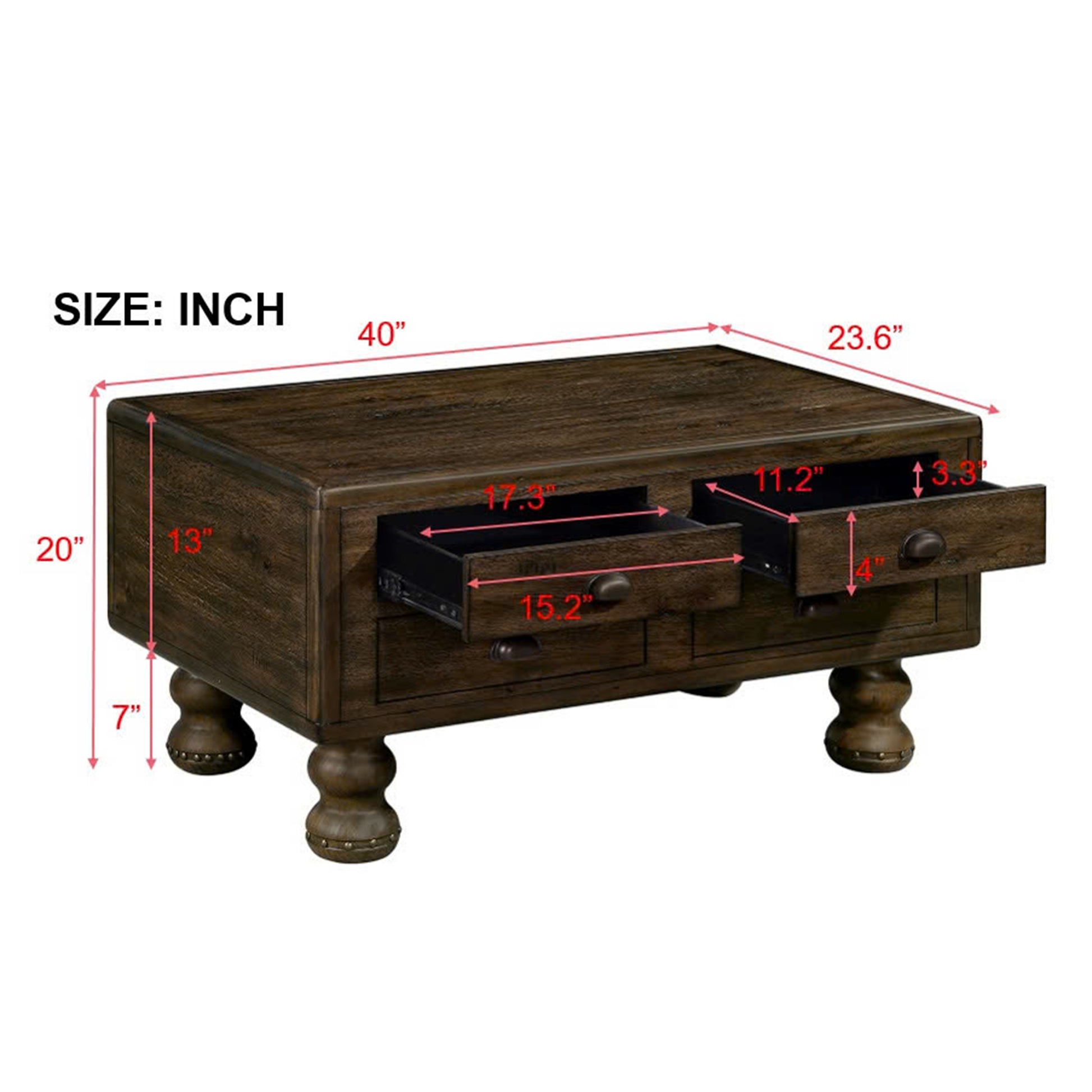 Dark wood coffee table with  drawers and decorative metal studs on legs