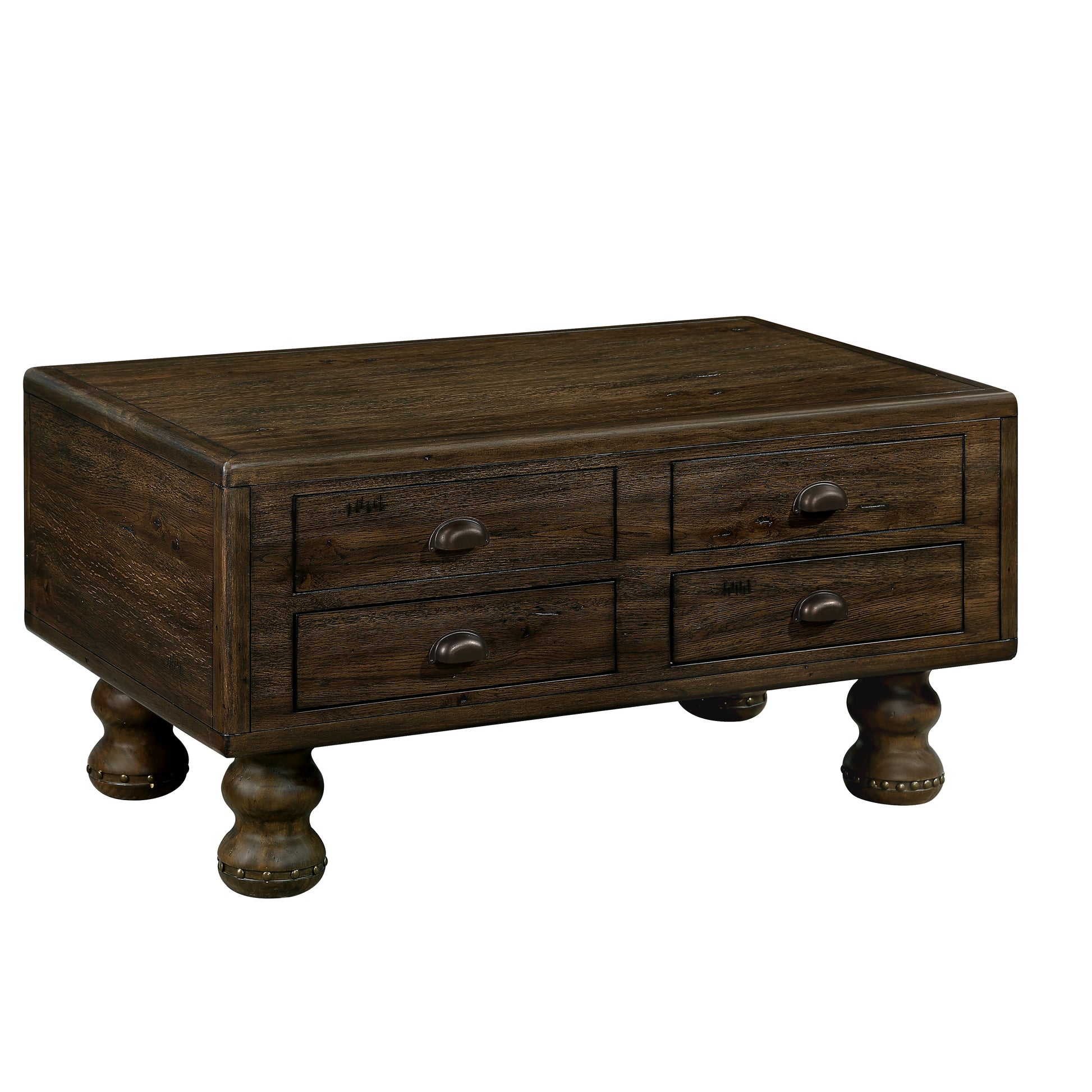 Dark oak coffee table with four drawers and turned legs