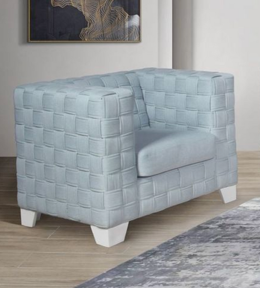 Light blue woven armchair with white legs