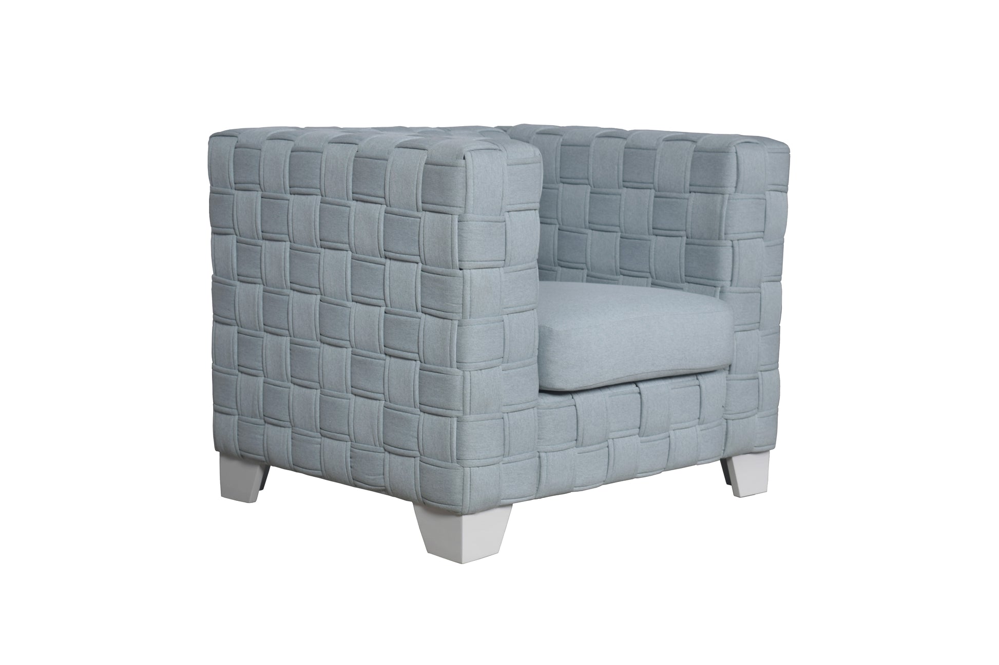Light blue woven accent chair with white legs