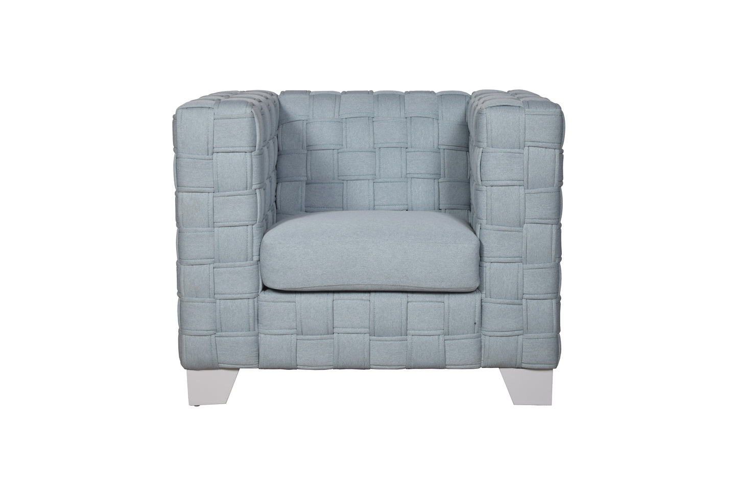 Light blue woven armchair with square seat and back