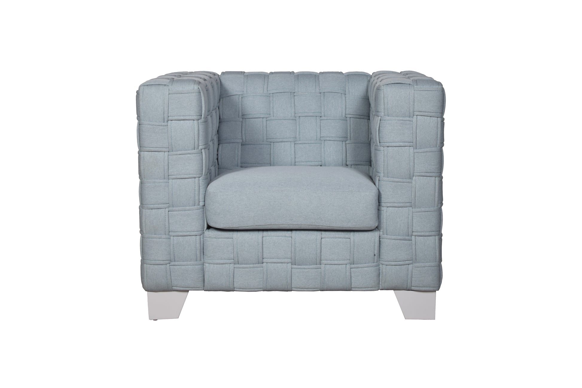 Light blue woven armchair with square seat and back