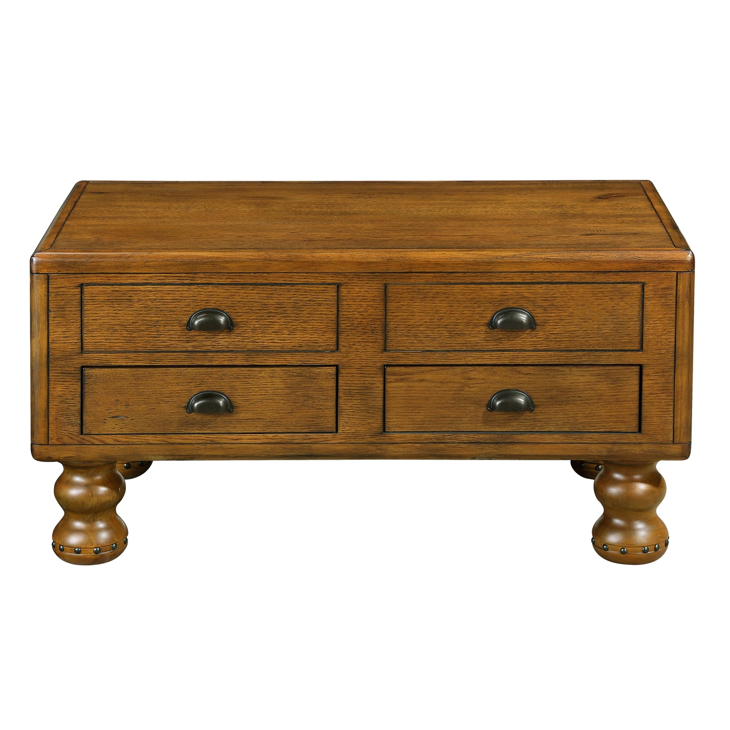 Vintagestyle oak wood dresser with four drawers and dark metal hardware