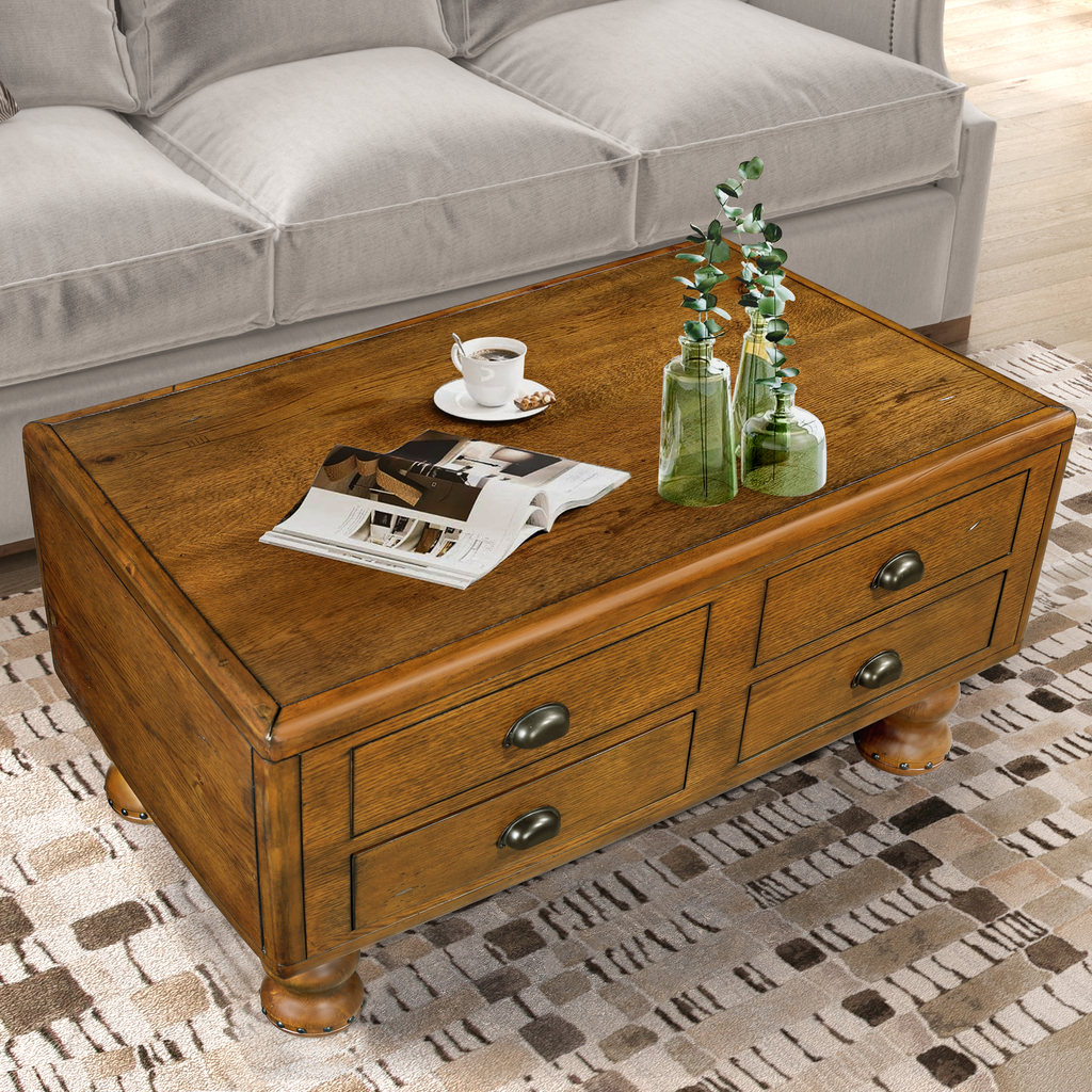 Rustic oak coffee table with six drawers and antique bronze hardware