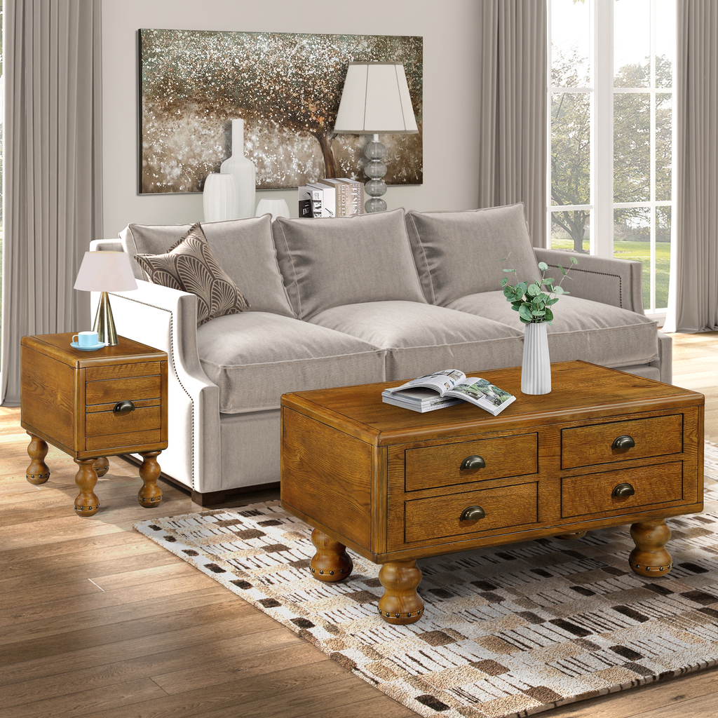 Rustic oak wood coffee table with four drawers and turned legs