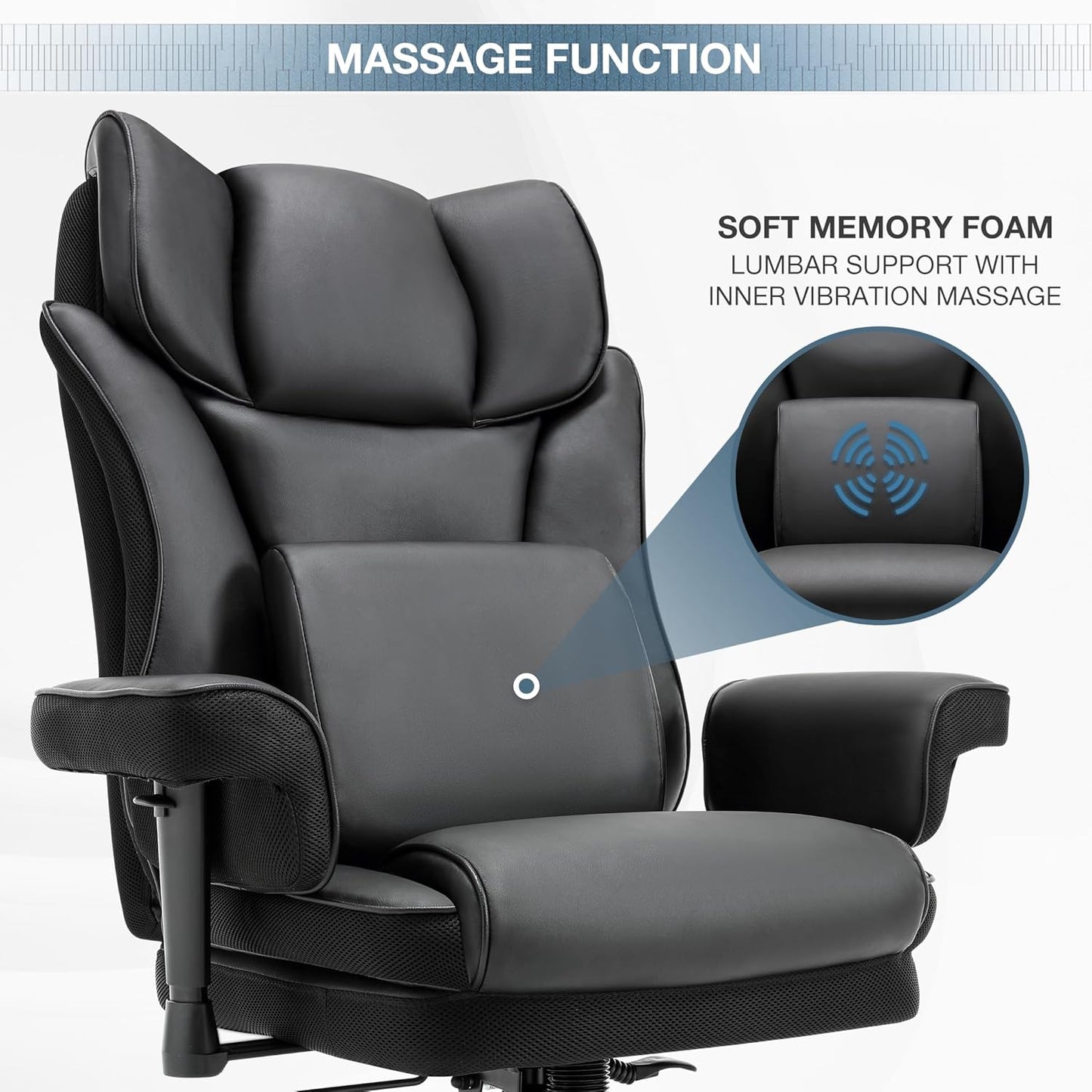 Black faux leather office chair with integrated lumbar massage