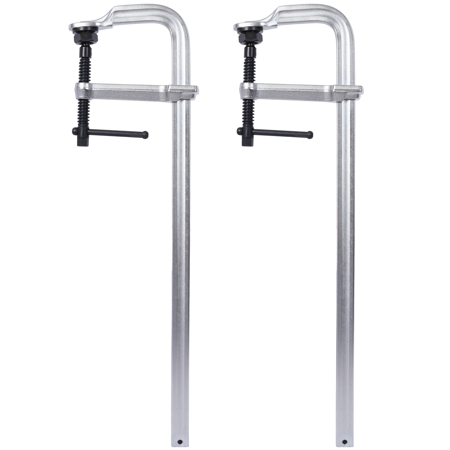 Two silver Cclamps with black screw mechanisms