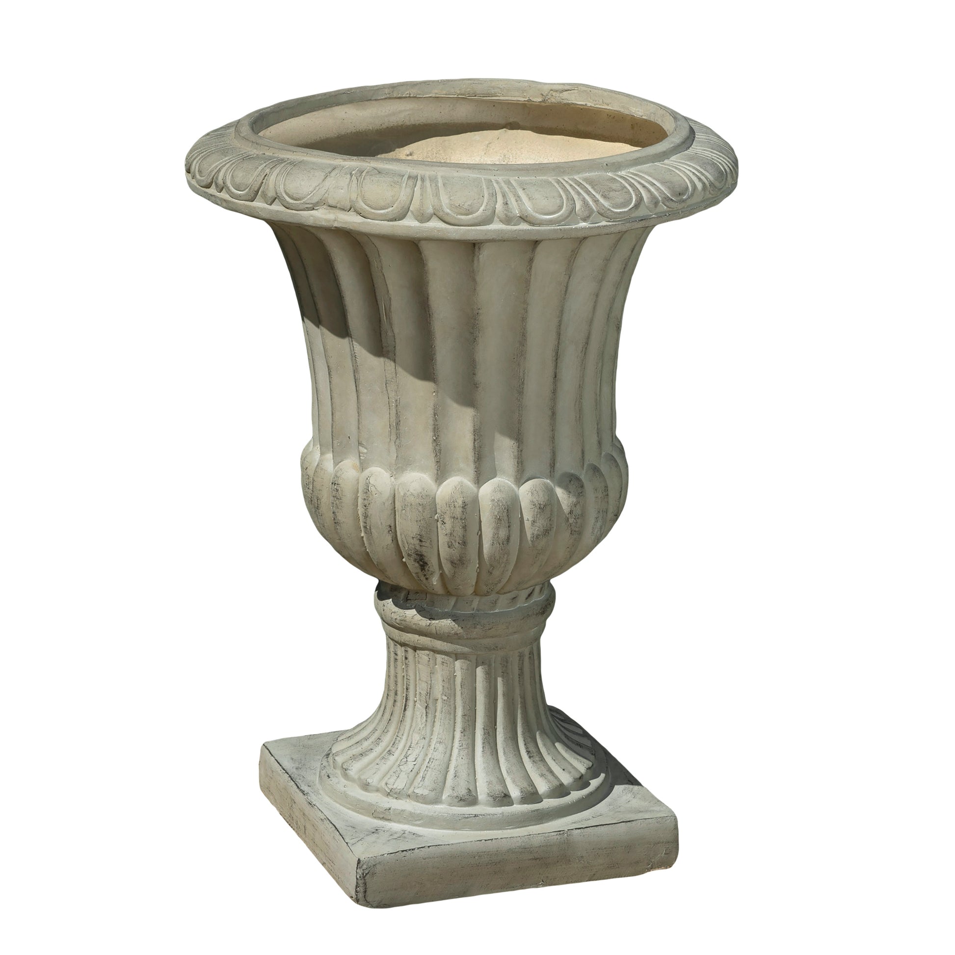 Classic concrete urn planter with fluted details and a square base