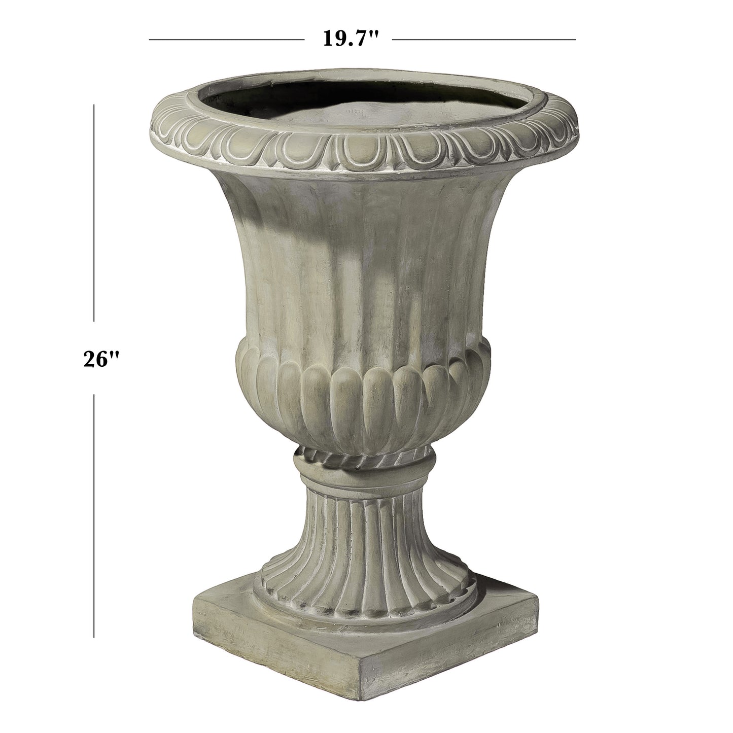Antique grey stone garden urn with fluted pedestal