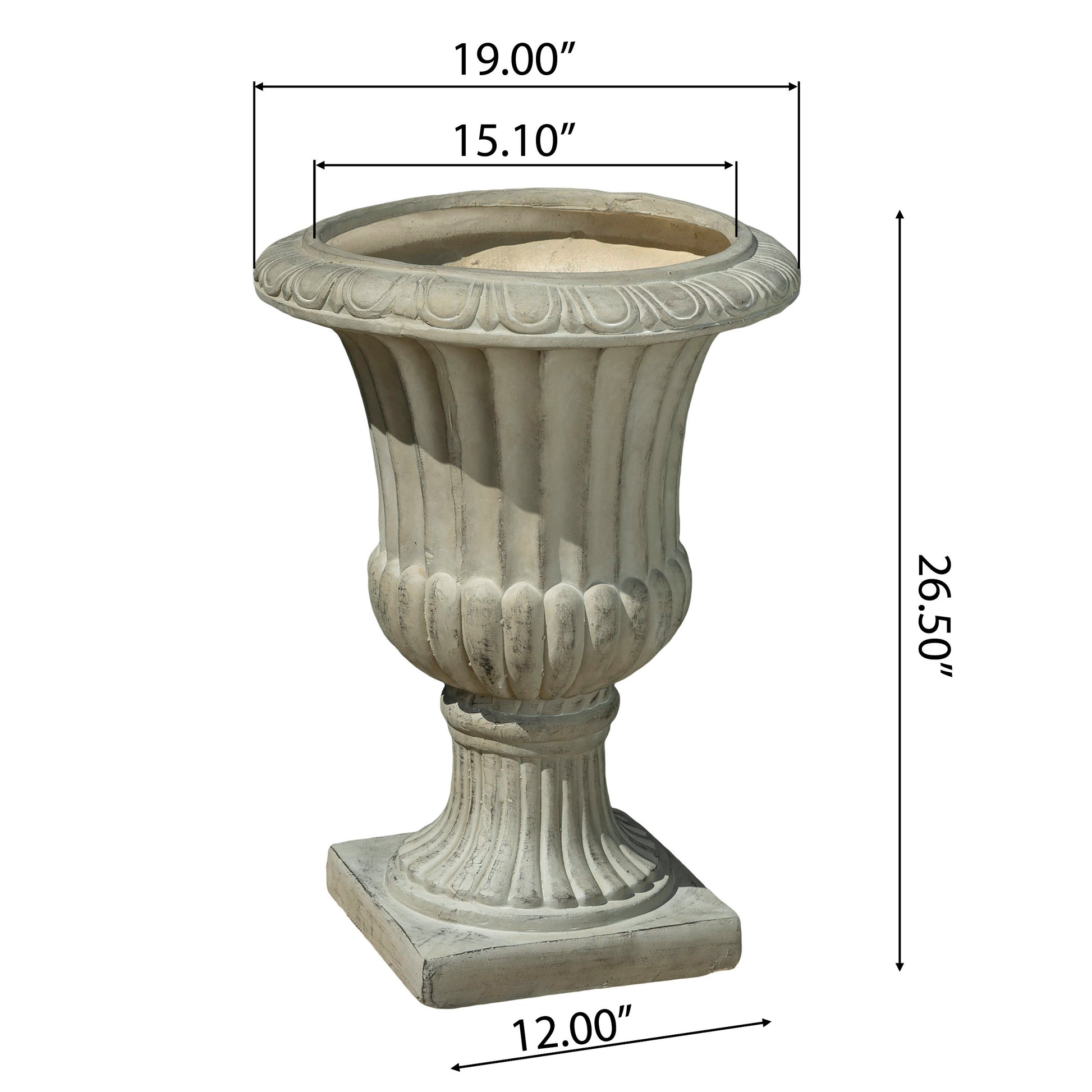 Distressed antique white Romanstyle planter with fluted details for outdoor decor