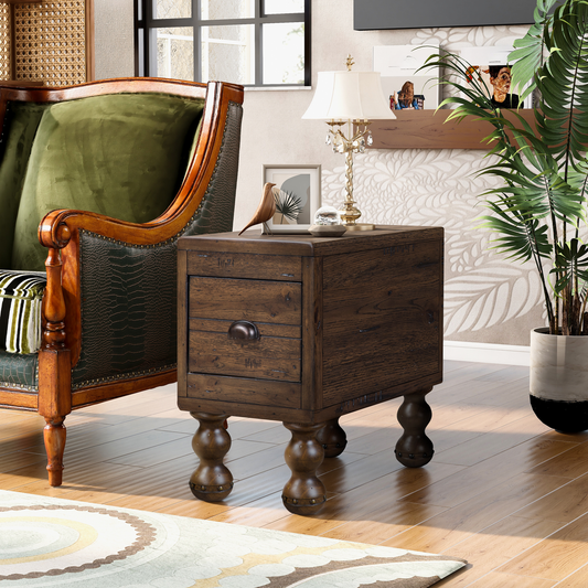 Rustic dark wood end table with one drawer and decorative knob