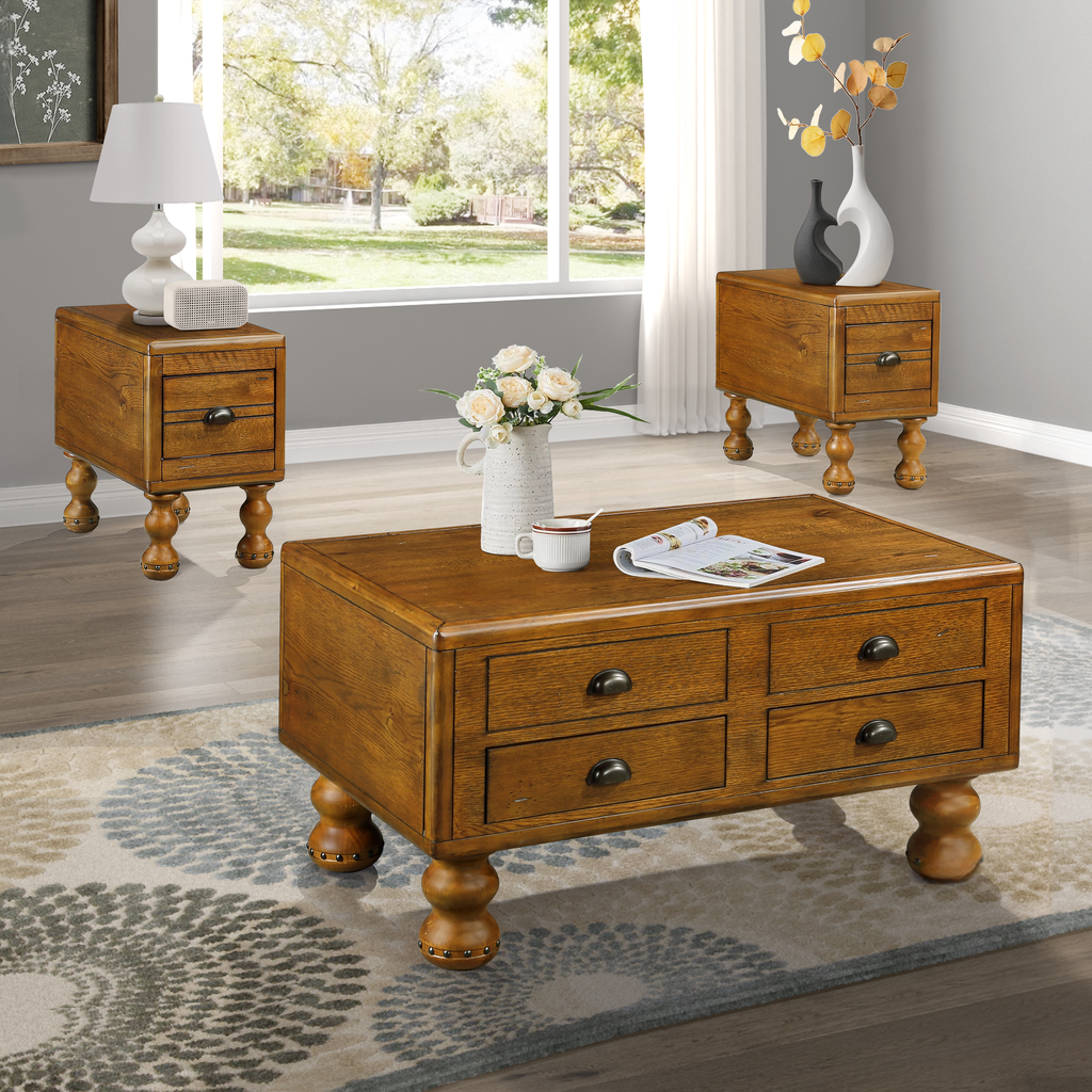 Rustic oak coffee table with four drawers and carved ball feet