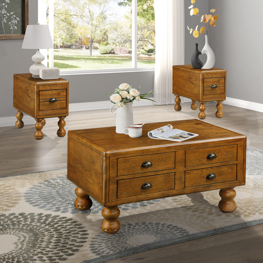 Rustic oak coffee table with four drawers and carved ball feet